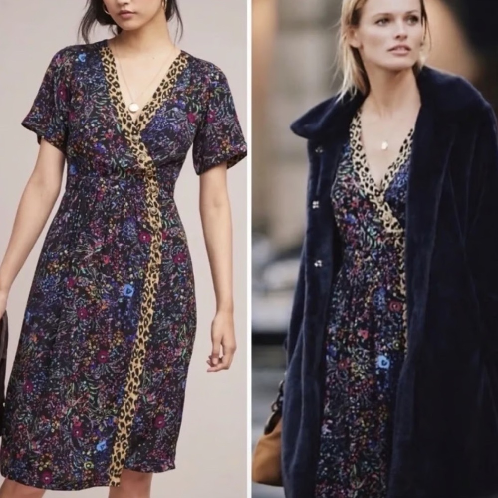 Mauve by Anthropologie floral and cheetah midi wrap dress - size small 00